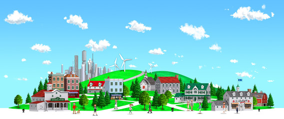 Blue sky hill town by 3D rendering