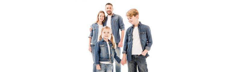 Fototapeta premium panoramic shot of happy family in jeans smiling isolated on white