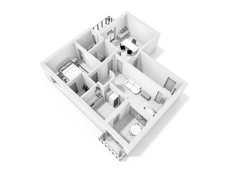 Home floor plan top view 3D illustration.