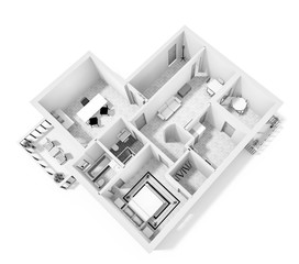 Home floor plan top view 3D illustration.
