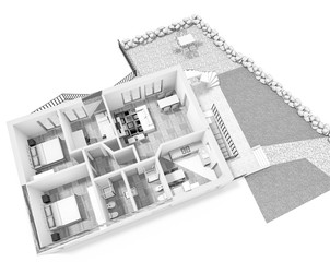 Home floor plan top view 3D illustration.