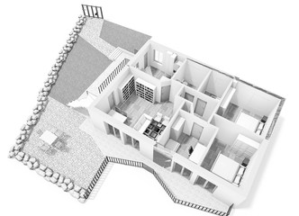 Suburban house interior. Black and White floor plan 3d of a modern apartment. 