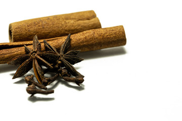 spices cinnamon, clove, and star anise in white background with copy space