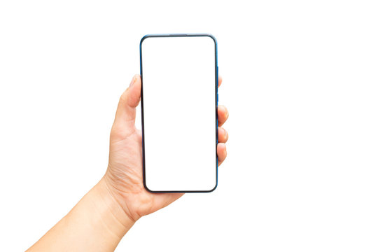 Mock up image of A hand holding a blank screen of smartphone on white background.	