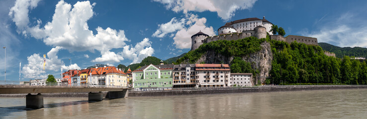 Kufstein fortress on a hilltop over river, Tyrol. The fortress dominated over the Inn river trade path in the Medieval era