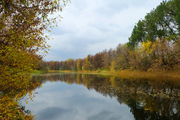Fototapeta na wymiar Autumn landscape with a pond and trees. Autumn park in October.