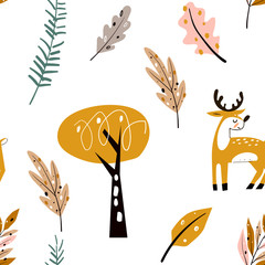 Seamless childish pattern with cute deer in the wood. Forest elements and hand drawn shapes. Childish texture.