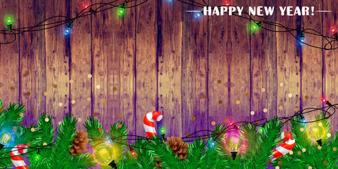 Happy New Year banner with empty space for your copy with sparkling lights garland on wooden background. Horizontal template for Christmas birthday, anniversary, covers, headers, wallpapers, websites