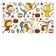 Vector illustration in cartoon style, active company of playful preschool kids jumping, at a party, birthday.