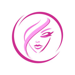 Face circle logo. Beauty salon icon. Lovely lady makeup and hairstyle. Cosmetology and tattoo.