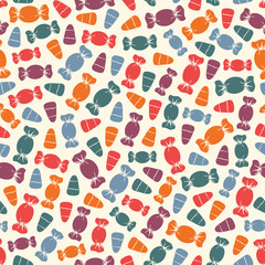 Seamless pattern with sweets. Halloween holiday background. Trick or treat wallpaper. Repeated candy silhouettes print. Kids scrapbook digital paper, textile print, page fill. Vector illustration