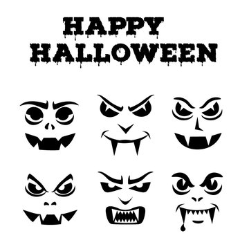 Halloween pumpkins carved faces silhouettes collection. Template with variety of eyes, mouths, noses for cut out jack o lantern. Funny vampires stencil set. Monsters icons. Black and white vector art