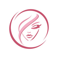 female face - silhouette. the idea is beauty and style. logo on a white background for cosmetology. facial features of a young girl - a look down, an elegant lock of hair. technique - painted with a b