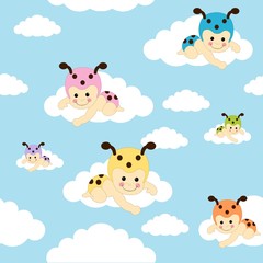 Seamless pattern with baby bugs sitting on clouds over blue sky background