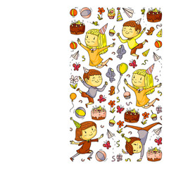 Vector illustration in cartoon style, active company of playful preschool kids jumping, at a party, birthday.