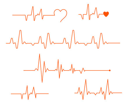 Pulse line vector. Medicine Modern flat Cardiogram Hearts Icons Vector. Smooth thick and thin lines, template set. Heart pulse. Red and white colors.