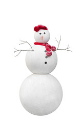 A styrofoam snowman, isolated on a white background. Christmas decoration. Snowman with red scarf and red hat.