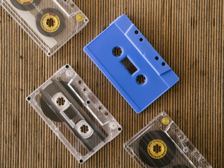 Transparent cassett tapes with blue one top view