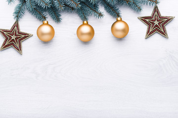 Beautiful celebratory Christmas background. New Year's holidays. Christmas holidays. Beautiful Christmas decorations on the wooden background. Loft style. Mockup