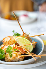 Shrimp Tempura with Almonds and Mango Lemon Sauce in Luxury Restaurant