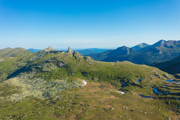Very beautiful mountain landscape. A panoramic view from the mountain pass in Siberia