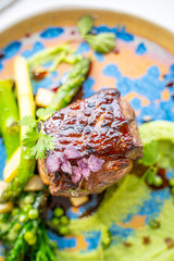 Steak with Vegetables and Red Vine in Luxury Restaurant for Dinner