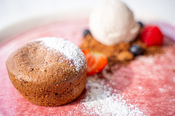 Chocolate Fondant with Banana Ice-Cream in Luxury Restaurant
