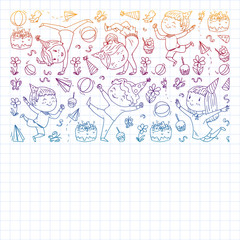 Fototapeta premium Vector pattern with kindergarten, toy children. Happy children illustration. Gradient drawing on a notebook in a Squared notebook.