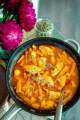 Homemade Stew with Chicken and Sweet Potato in Sour-Sweet Sauce