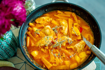 Homemade Stew with Chicken and Sweet Potato in Sour-Sweet Sauce