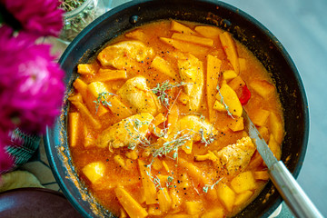 Homemade Stew with Chicken and Sweet Potato in Sour-Sweet Sauce