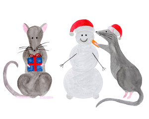 Watercolor set of Christmas rats isolated on white background. Hand drawn 2020 symbol animal. Zodiac rat building snowman and holding gift box. New Year greetinng card, poster, calendar, textile print