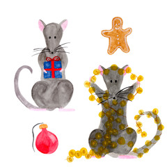 Watercolor set of Christmas rats isolated on white background. Hand drawn 2020 symbol animal. Zodiac rat holding gift box and garland light. New Year greeting card, poster, calendar, textile print.