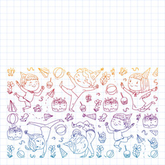 Vector pattern with kindergarten, toy children. Happy children illustration. Gradient drawing on a notebook in a Squared notebook.