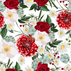 Draagtas Autumn winter dahlia flowers composition, herbs and berries seamless pattern. White background.  © Iuliia