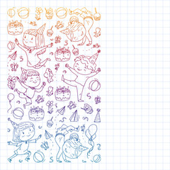 Vector pattern with kindergarten, toy children. Happy children illustration. Gradient drawing on a notebook in a Squared notebook.