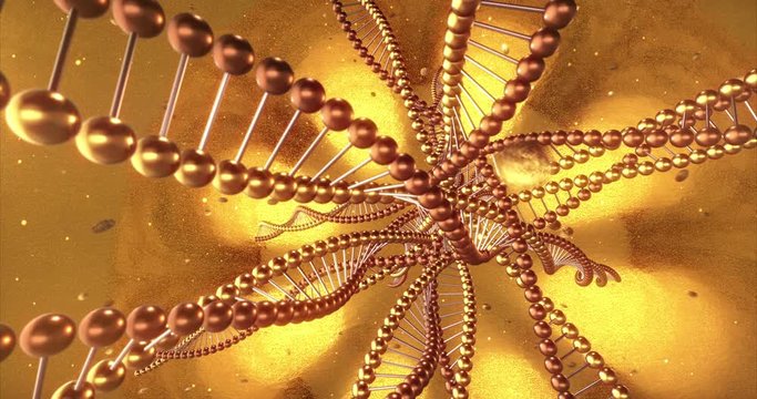Golden geometric background with swirls of DNA molecules. 3D rendering loop 4k