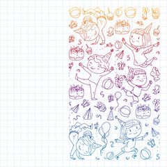 Vector pattern with kindergarten, toy children. Happy children illustration. Gradient drawing on a notebook in a Squared notebook.