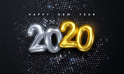 Happy New 2020 Year. Holiday vector illustration of golden and silver metallic numbers 2020 and glittering halftone pattern. Realistic 3d sign with sparkling strass. Festive poster or banner design