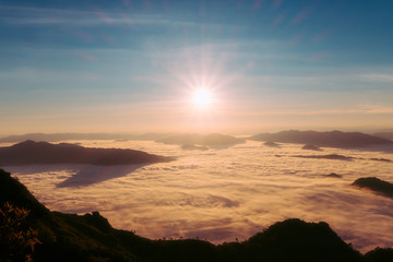 Dramatic sunset and sunrise over mountain morning twilight evening sky.