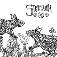 Mechanical rat. Hand drawn steampunk style vector illustration.