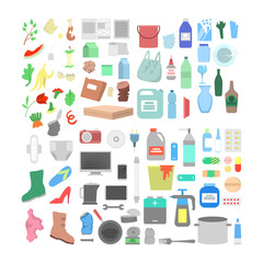 Garbage icon set. Collection of plastic, paper and glass waste