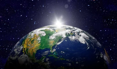 Glasschilderij Volle maan en bomen Aarde in de ruimte. Elementen van deze afbeelding geleverd door NASA