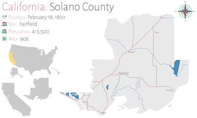 Large and detailed map of Solano county in California, USA