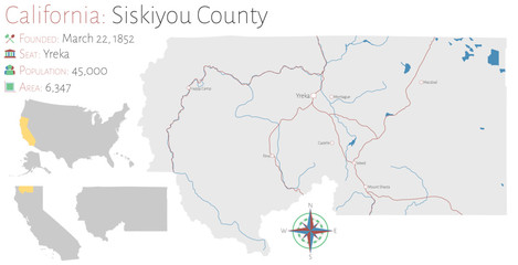 Large and detailed map of Siskiyou county in California, USA