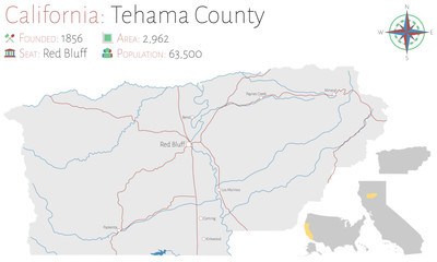 Large and detailed map of Tehama county in California, USA