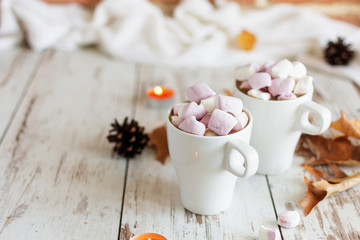 Fototapeta na wymiar Hot chocolate cacao drink with marshmallows and cinnamon on wooden background.