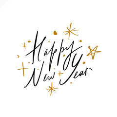 Fototapeta premium 2020 Glossy Shine Christmas Lettering Concept Design Happy New Year, Xmas holidays Hand Chill Party Modern Abstract Shapes Written Lettering Decor Elements Golden Stars Isolated On White. Vector