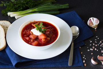 Beetroot soup. Traditional Ukrainian and Russian cuisine, soup cooked with beets and tomatoes.