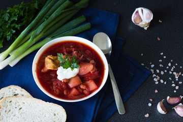 Beetroot soup. Traditional Ukrainian and Russian cuisine, soup cooked with beets and tomatoes.